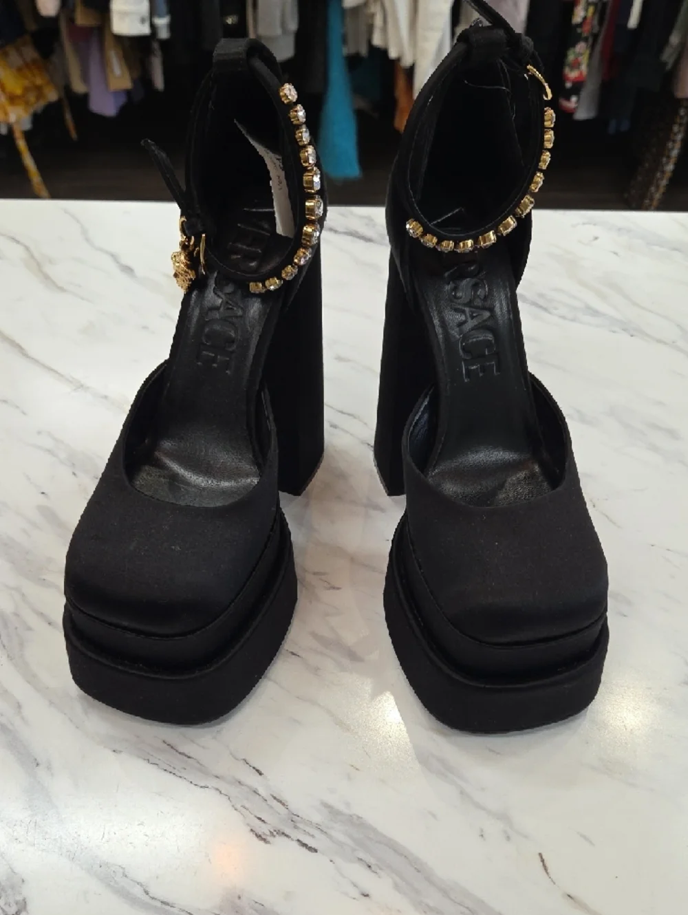 Versace Black Suede Platform Pumps with Crystal Ankle Strap